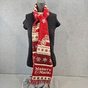 MAKERS MARK | Bourbon Whiskey Holiday Scarf Red White Snowflake Knit Fringe Logo